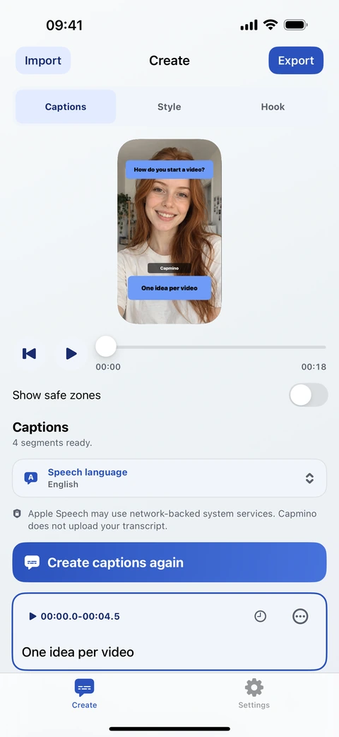 Editor de subtítulos de Capmino en iPhone; interfaz en inglés